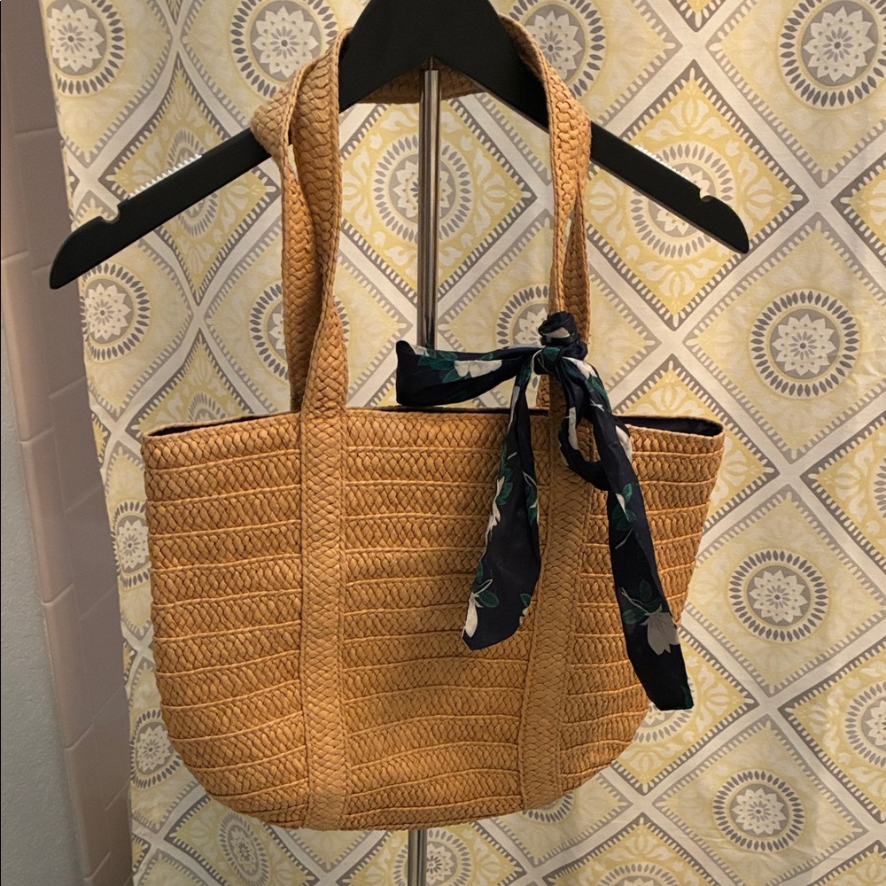 Woven Straw Tote Bag with Navy Floral Scarf